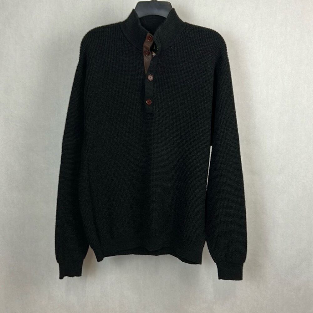 Orvis Black Button Mockneck Sweater 100% Wool Mens Sz Large Leather Trim Knit